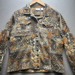 Y2K Chicos Jacket Womens Small Brown Rust Aztec Geometric Corduroy Buttons 90s
